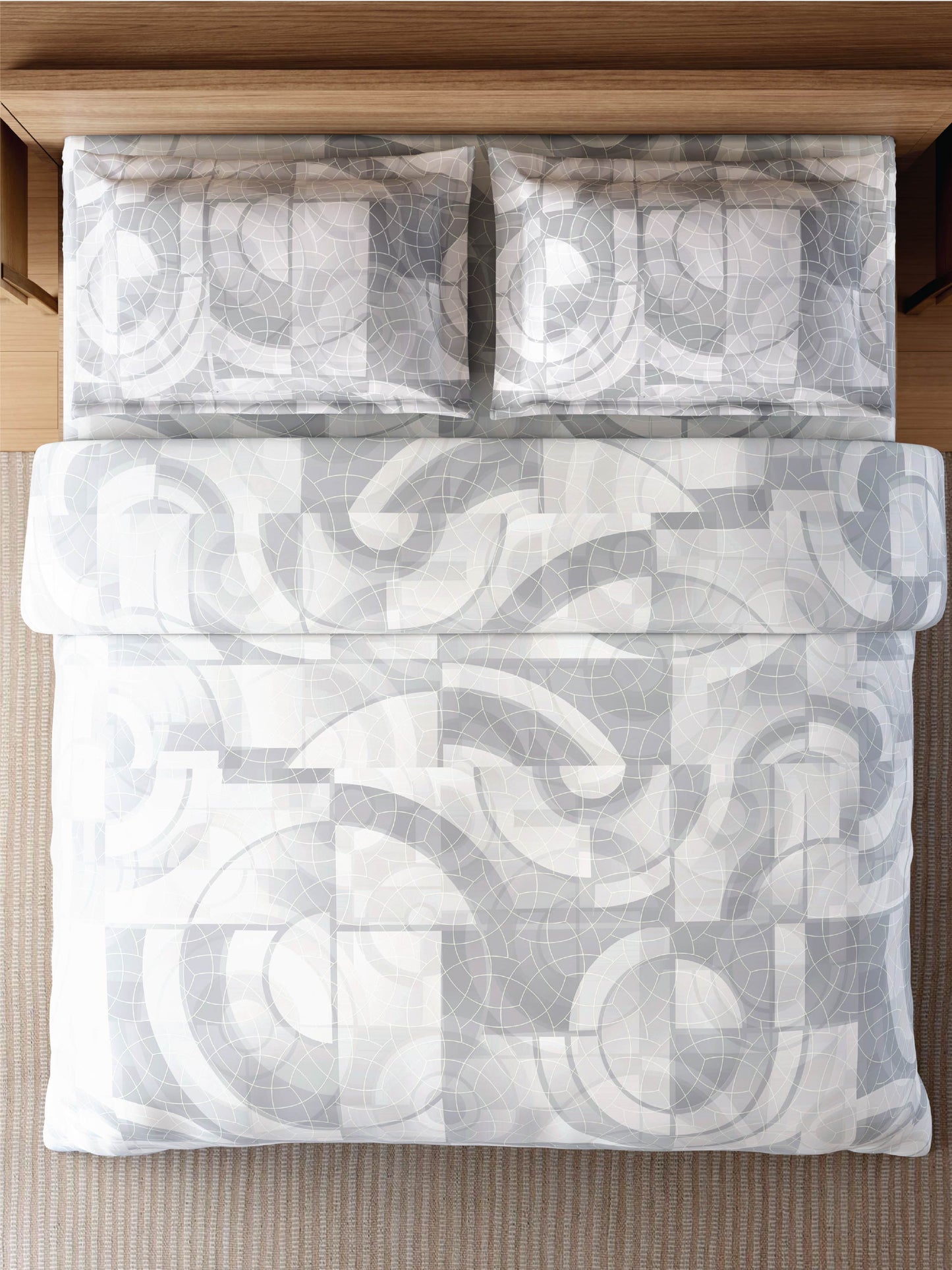 Zera Hygro Cotton 233 TC Percale Geometric Design Double Bedsheet with 2 Pillow Covers, Light Grey