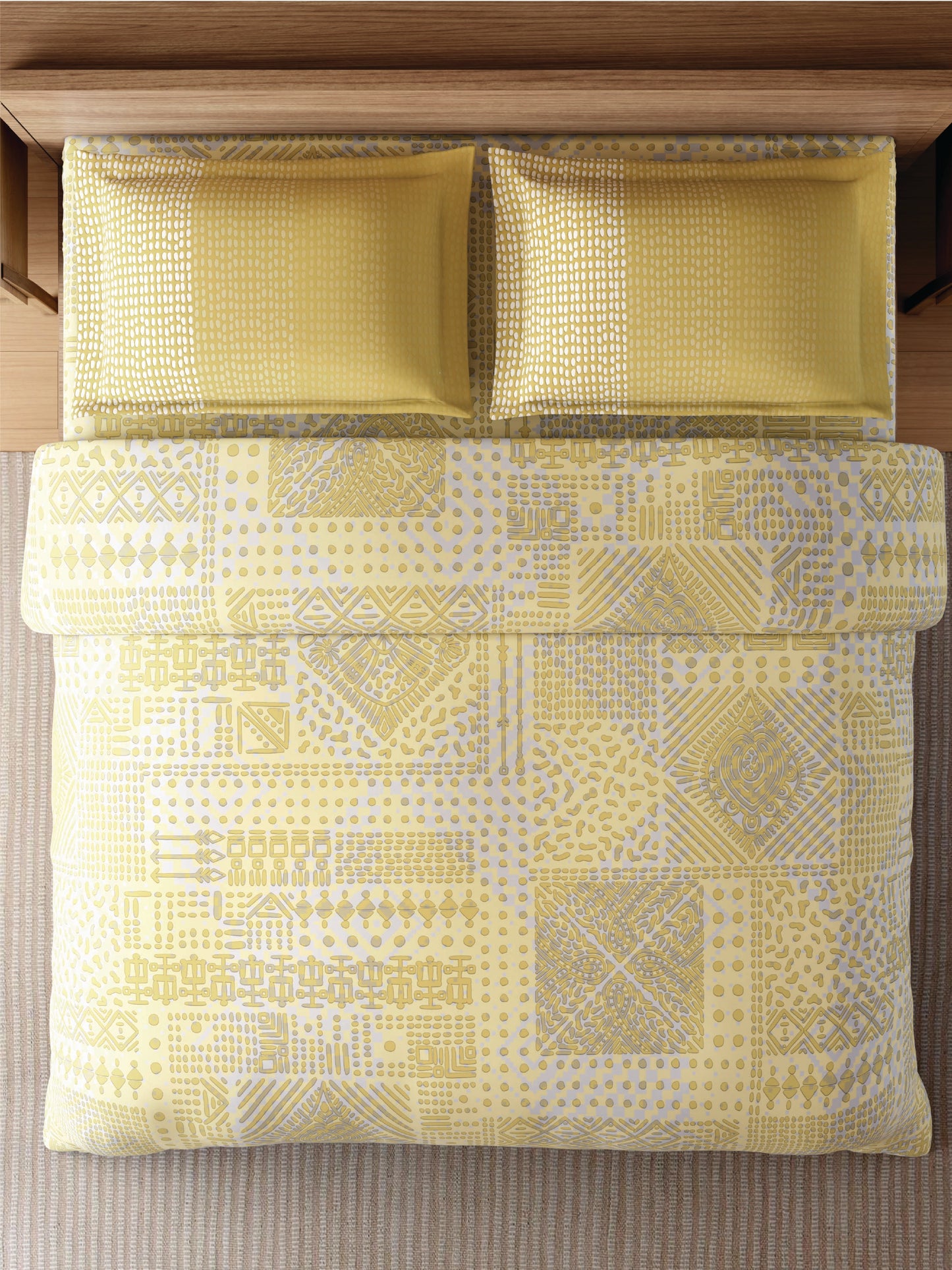 Zera Hygro Cotton 233 TC Percale Geometric Design Double Bedsheet with 2 Pillow Covers, Lemonade