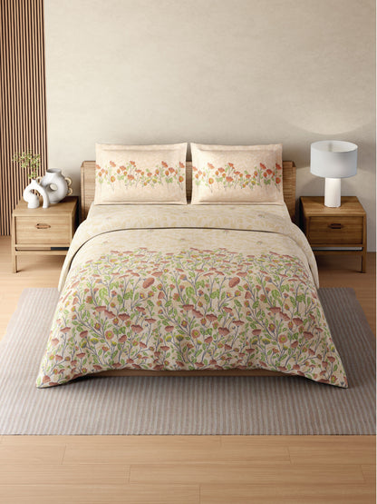 Zera Hygro Cotton 233 TC Percale Floral Print Double Bedsheet with 2 Pillow Covers, Light Beige