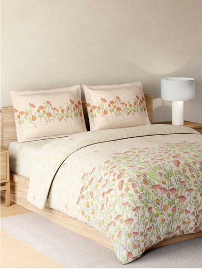Zera Hygro Cotton 233 TC Percale Floral Print Double Bedsheet with 2 Pillow Covers, Light Beige