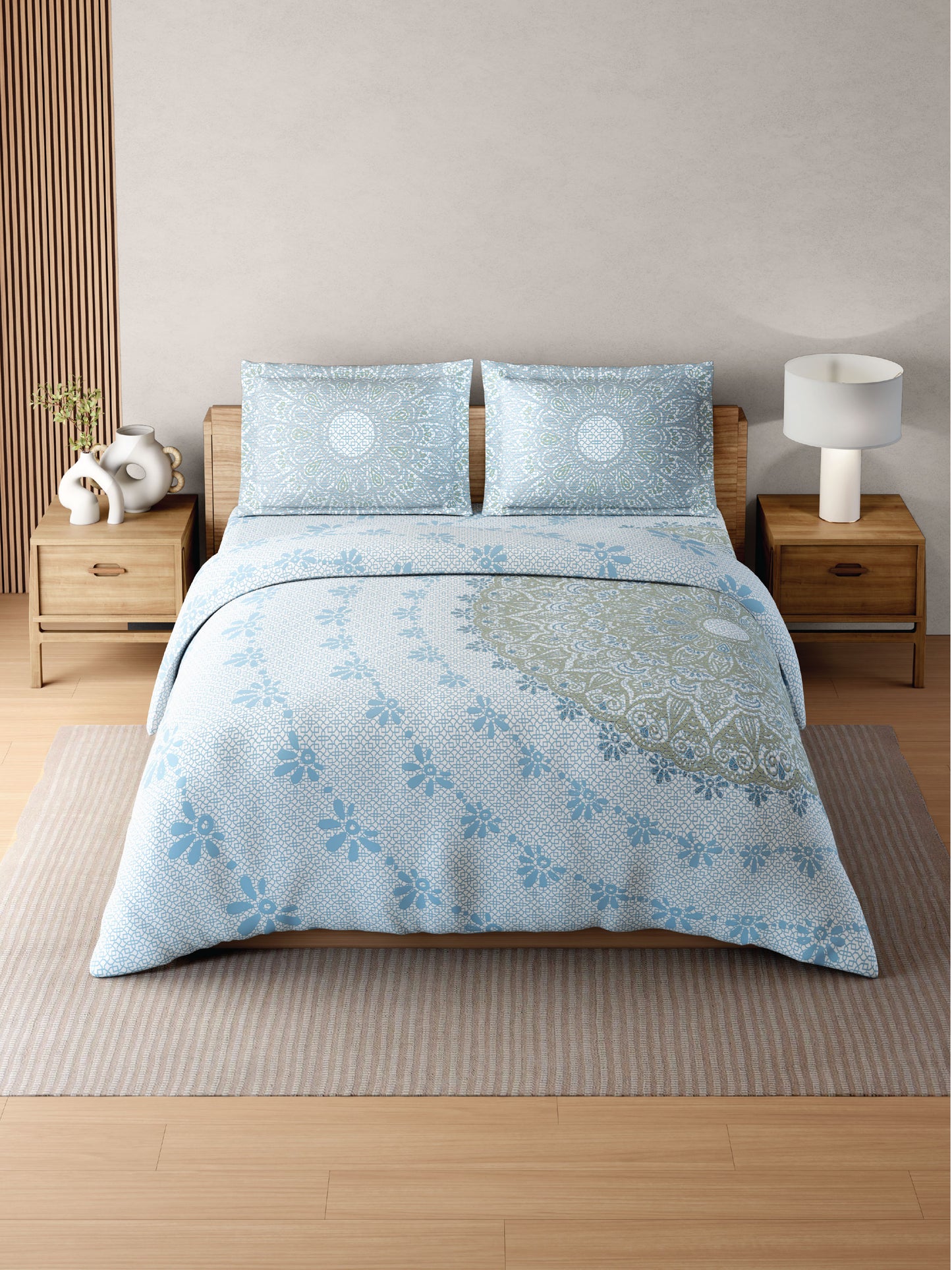 Zera Hygro Cotton 233 TC Percale Ornate Print Double Bedsheet with 2 Pillow Covers, Light Blue