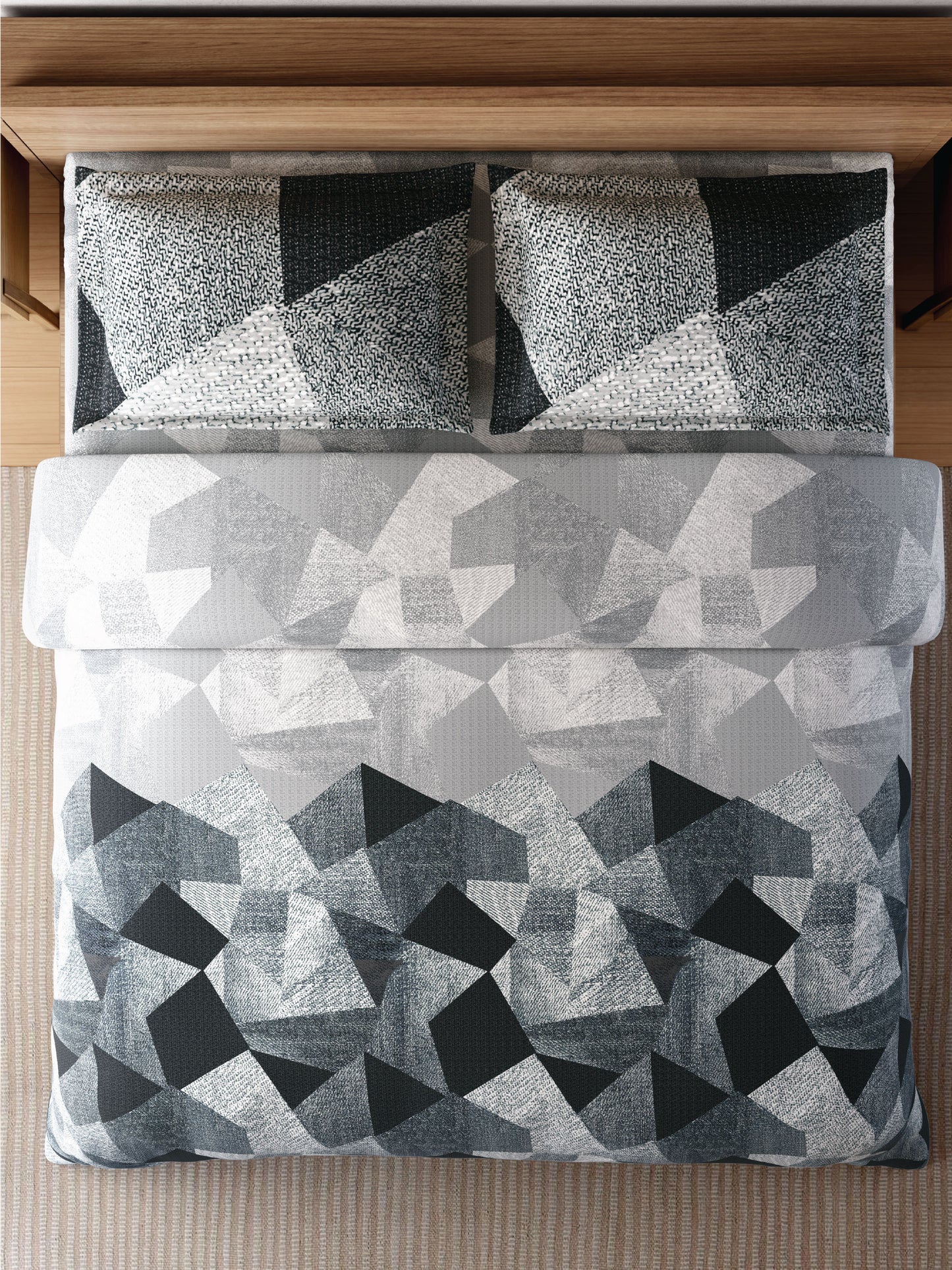 Zera Hygro Cotton 233 TC Percale Geometric Design Double Bedsheet with 2 Pillow Covers, Grey