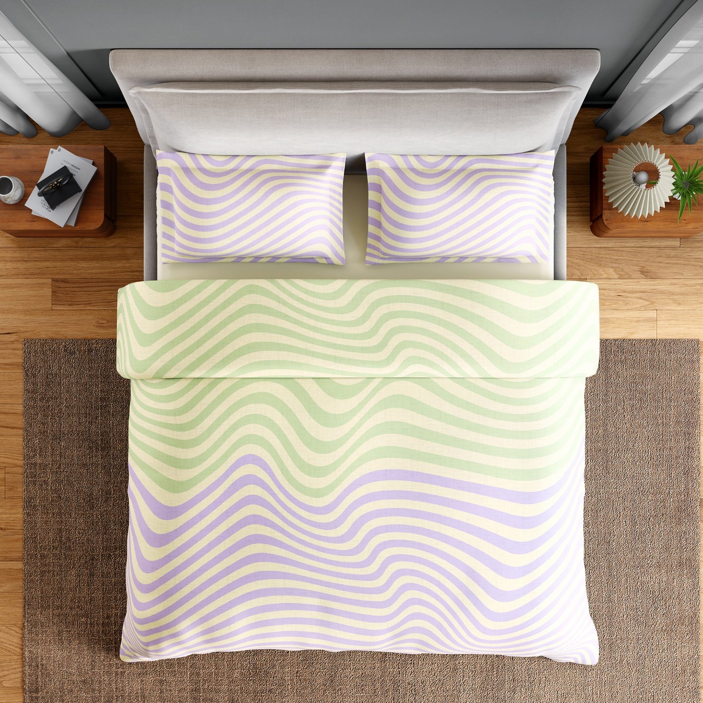 Spaces Neo Paradox 100% Cotton 152 TC Percale Geometric Large Bedsheet with 2 Pillow Covers, Light Green