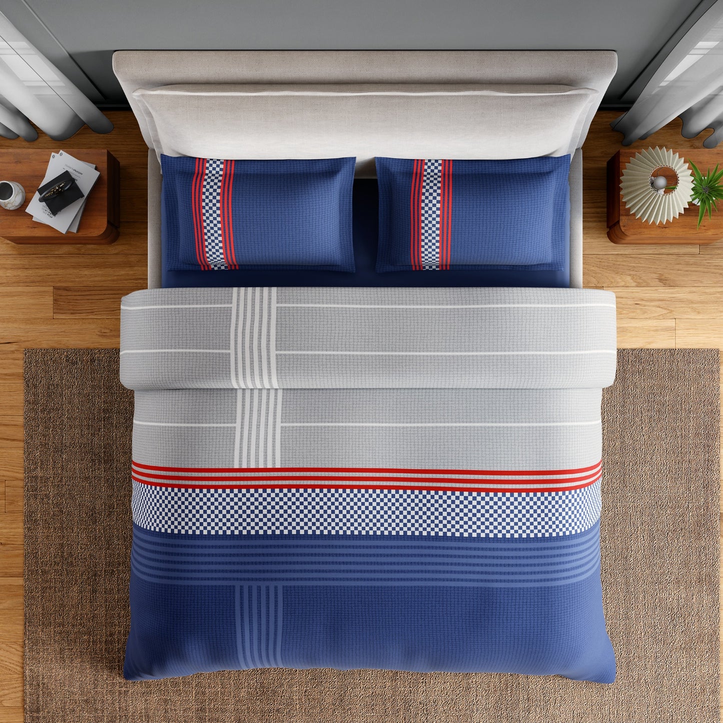 Spaces Neo Paradox 100% Cotton 152 TC Percale Geometric Large Bedsheet with 2 Pillow Covers, Blue