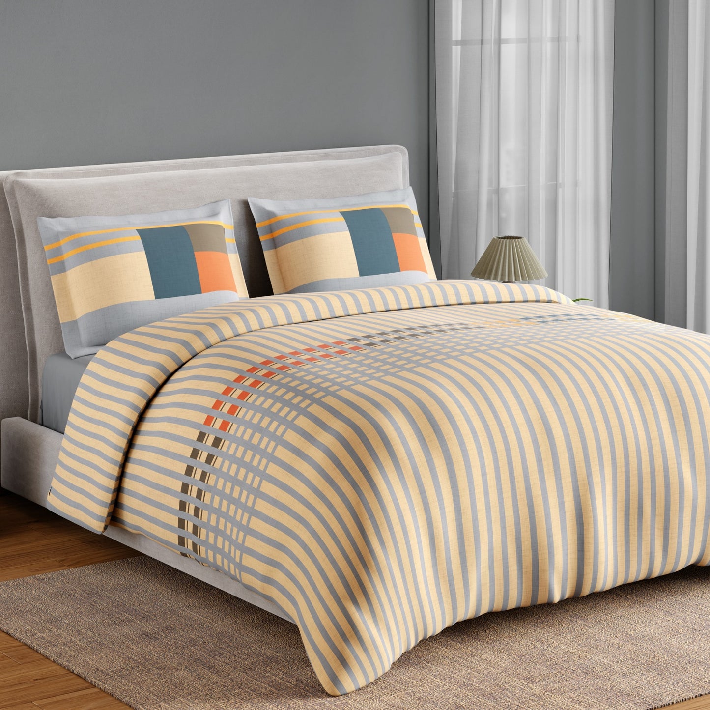 Spaces Neo Paradox 100% Cotton 152 TC Percale Geometric Large Bedsheet with 2 Pillow Covers, Light Yellow