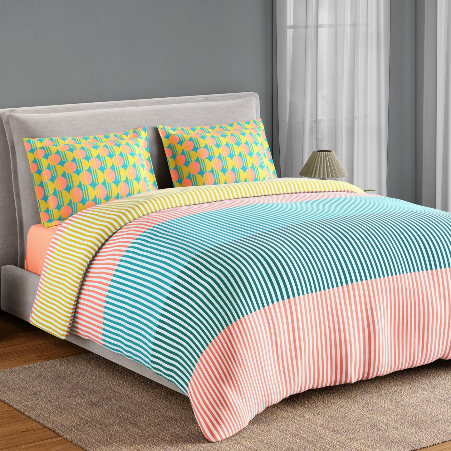 Spaces Neo Paradox 100% Cotton 152 TC Percale Geometric Large Bedsheet with 2 Pillow Covers, Coral