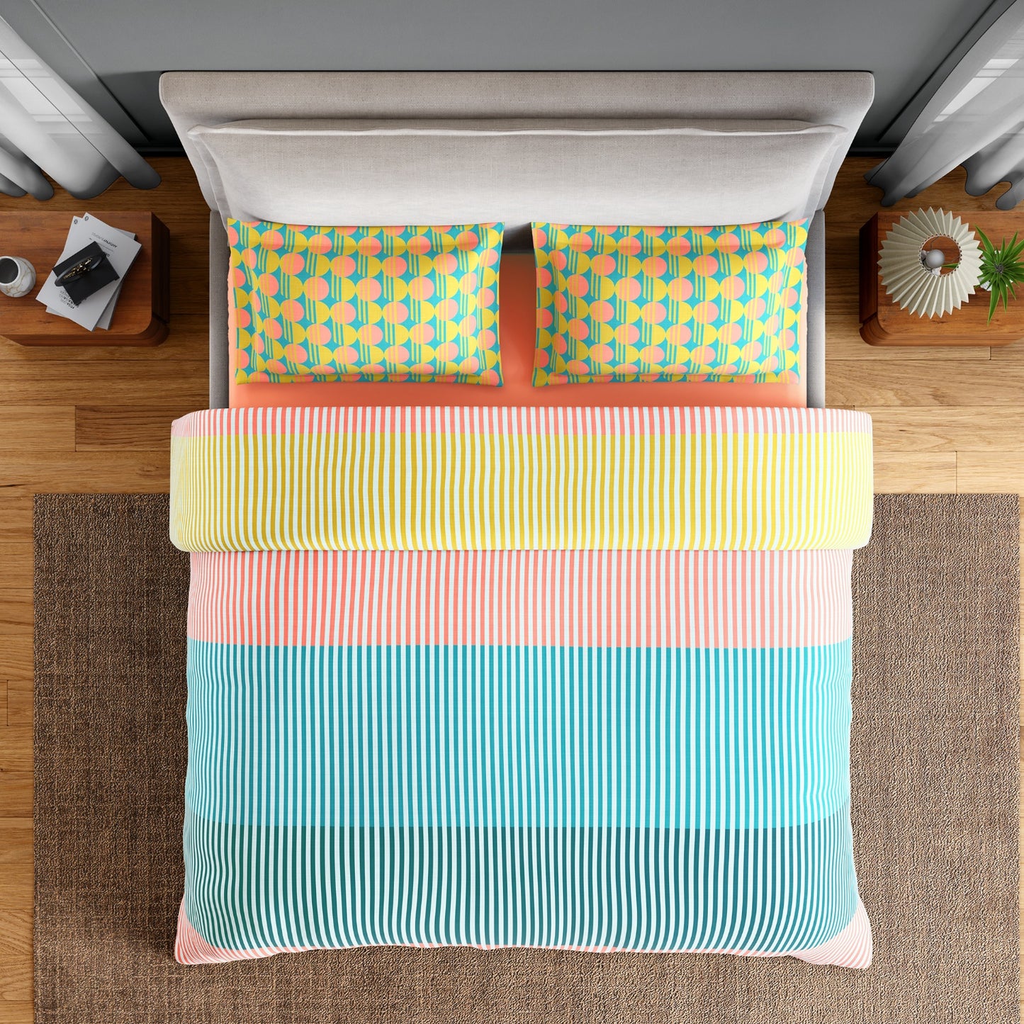 Spaces Neo Paradox 100% Cotton 152 TC Percale Geometric Large Bedsheet with 2 Pillow Covers, Coral