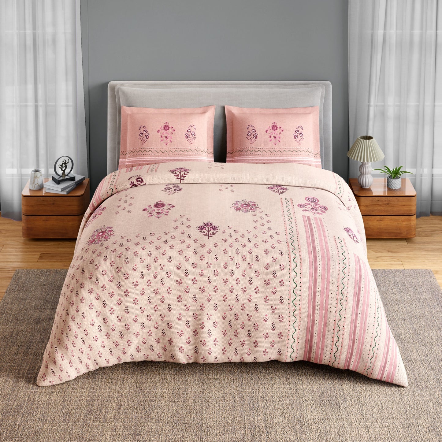Spaces Neo Chaap 100% Cotton 152 TC Percale Floral Large Bedsheet with 2 Pillow Covers, Light Blush