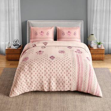 Spaces Neo Chaap 100% Cotton 152 TC Percale Floral Large Bedsheet with 2 Pillow Covers, Light Blush
