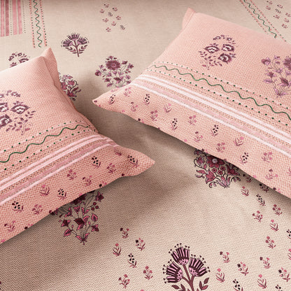 Spaces Neo Chaap 100% Cotton 152 TC Percale Floral Large Bedsheet with 2 Pillow Covers, Light Blush
