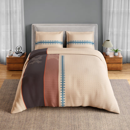 Spaces Neo Chaap 100% Cotton 152 TC Percale Ornate Large Bedsheet with 2 Pillow Covers, Beige