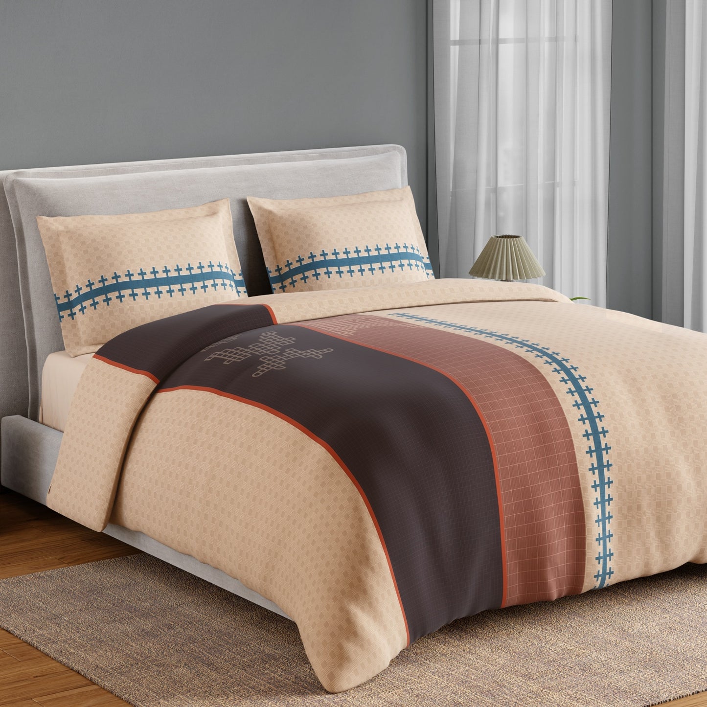 Spaces Neo Chaap 100% Cotton 152 TC Percale Ornate Large Bedsheet with 2 Pillow Covers, Beige