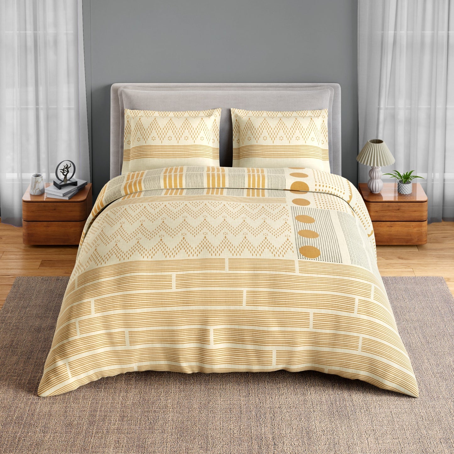 Spaces Neo Chaap 100% Cotton 152 TC Percale Geometric Large Bedsheet with 2 Pillow Covers, Yellow