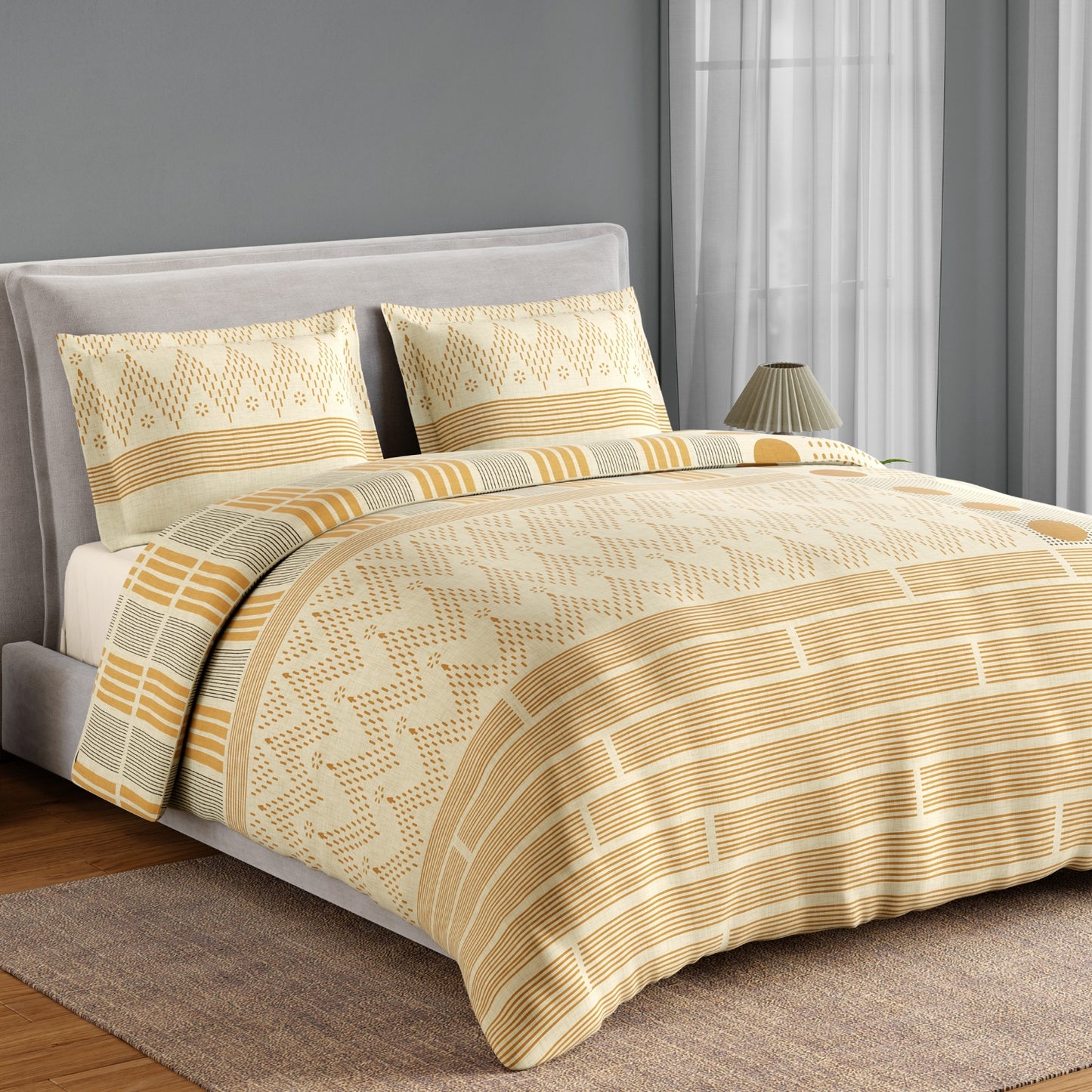 Spaces Neo Chaap 100% Cotton 152 TC Percale Geometric Large Bedsheet with 2 Pillow Covers, Yellow