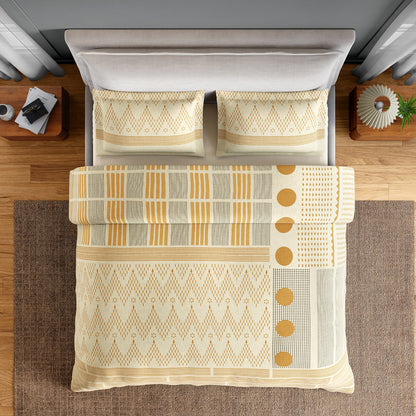 Spaces Neo Chaap 100% Cotton 152 TC Percale Geometric Large Bedsheet with 2 Pillow Covers, Yellow