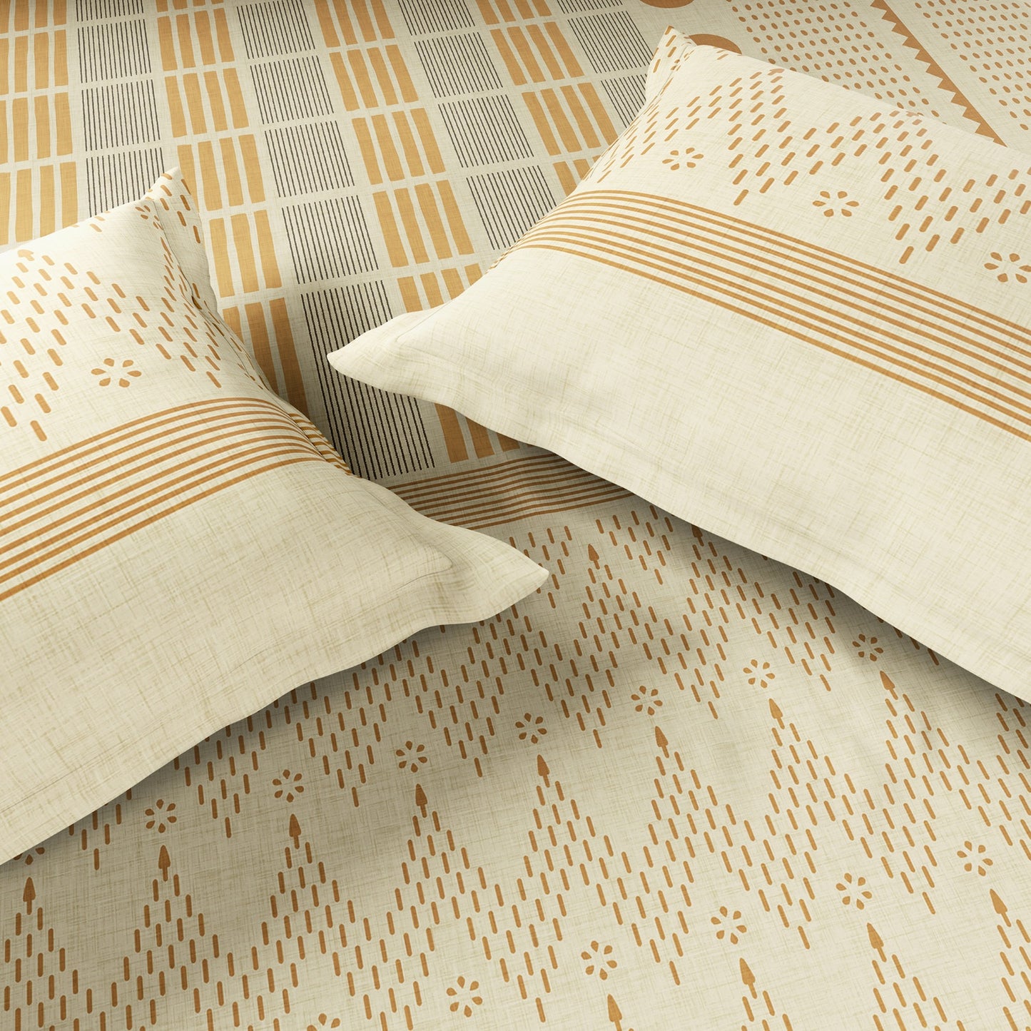 Spaces Neo Chaap 100% Cotton 152 TC Percale Geometric Large Bedsheet with 2 Pillow Covers, Yellow