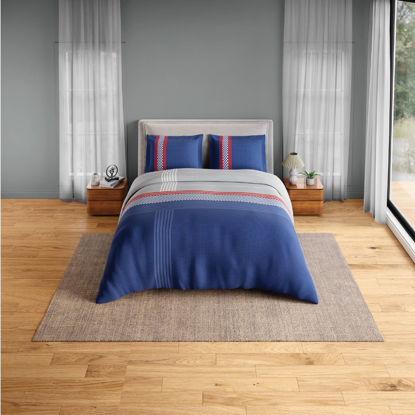 Spaces Neo Paradox 100% Cotton 152 TC Percale Geometric Permium Double Blanket Quilt, Blue