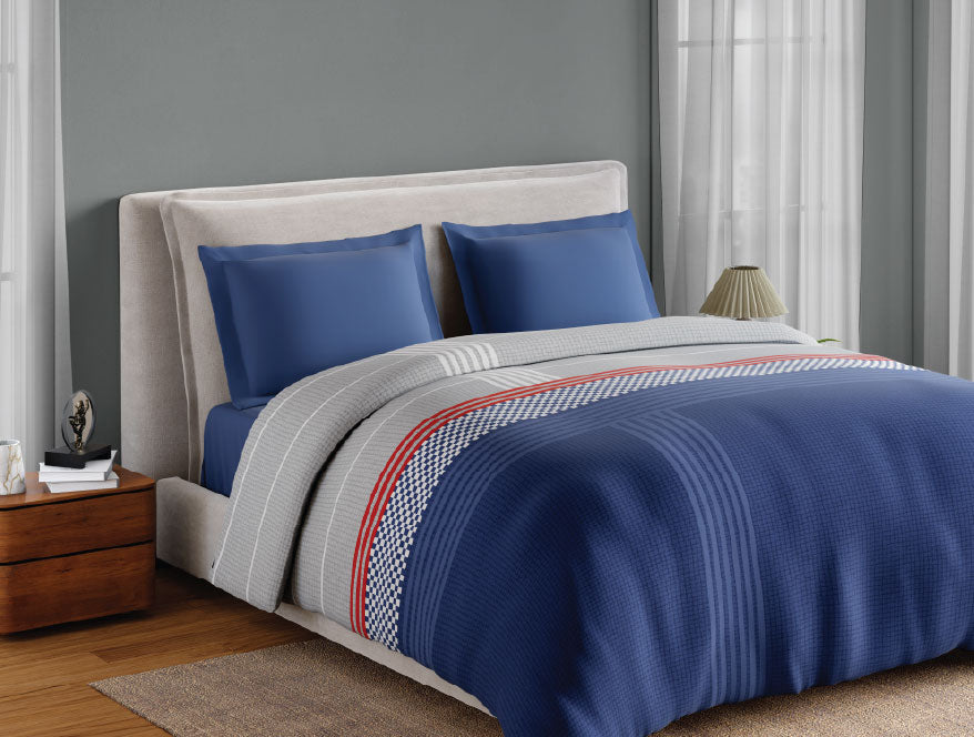 Spaces Neo Paradox 100% Cotton 152 TC Percale Geometric Permium Double Blanket Quilt, Blue