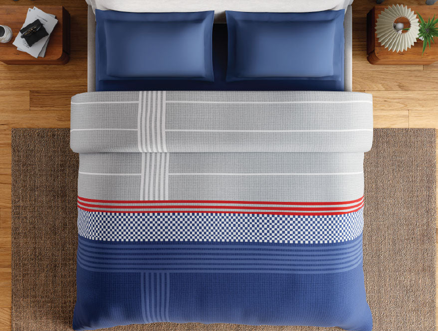 Spaces Neo Paradox 100% Cotton 152 TC Percale Geometric Permium Double Blanket Quilt, Blue