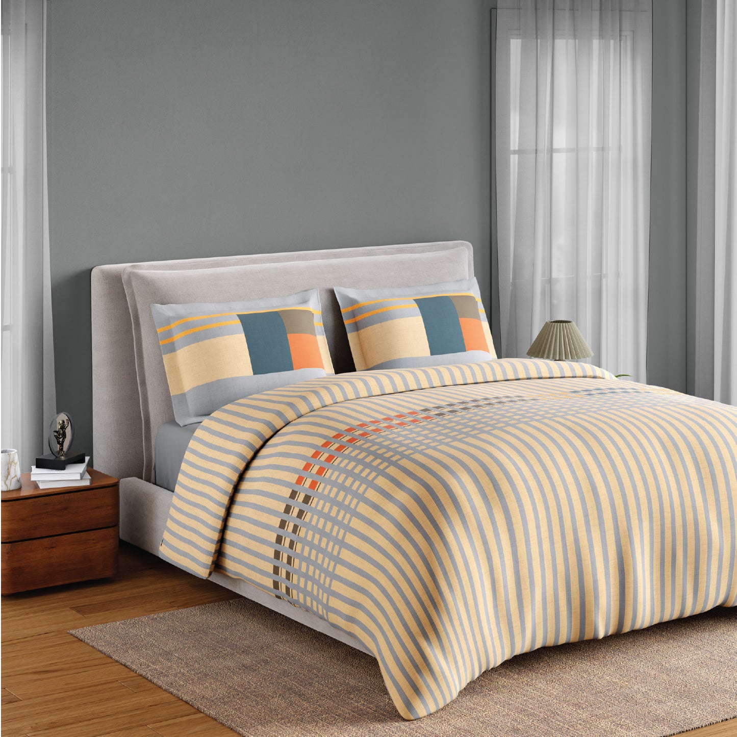 Spaces Neo Paradox 100% Cotton 152 TC Percale Geometric Permium Double Blanket Quilt, Light Yellow