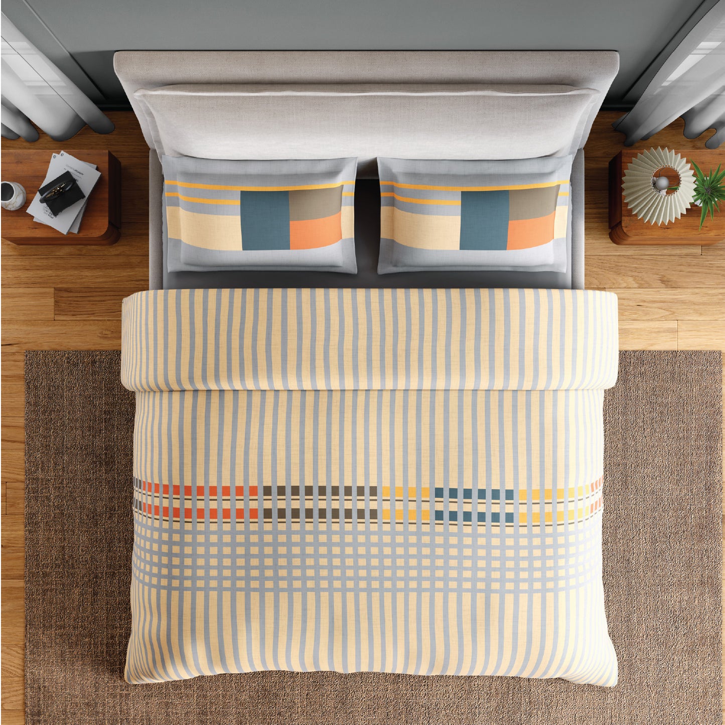 Spaces Neo Paradox 100% Cotton 152 TC Percale Geometric Permium Double Blanket Quilt, Light Yellow