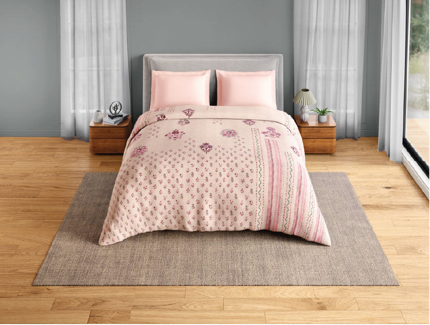 Spaces Neo Chaap 100% Cotton 152 TC Percale Floral Permium Double Blanket Quilt, Light Blush