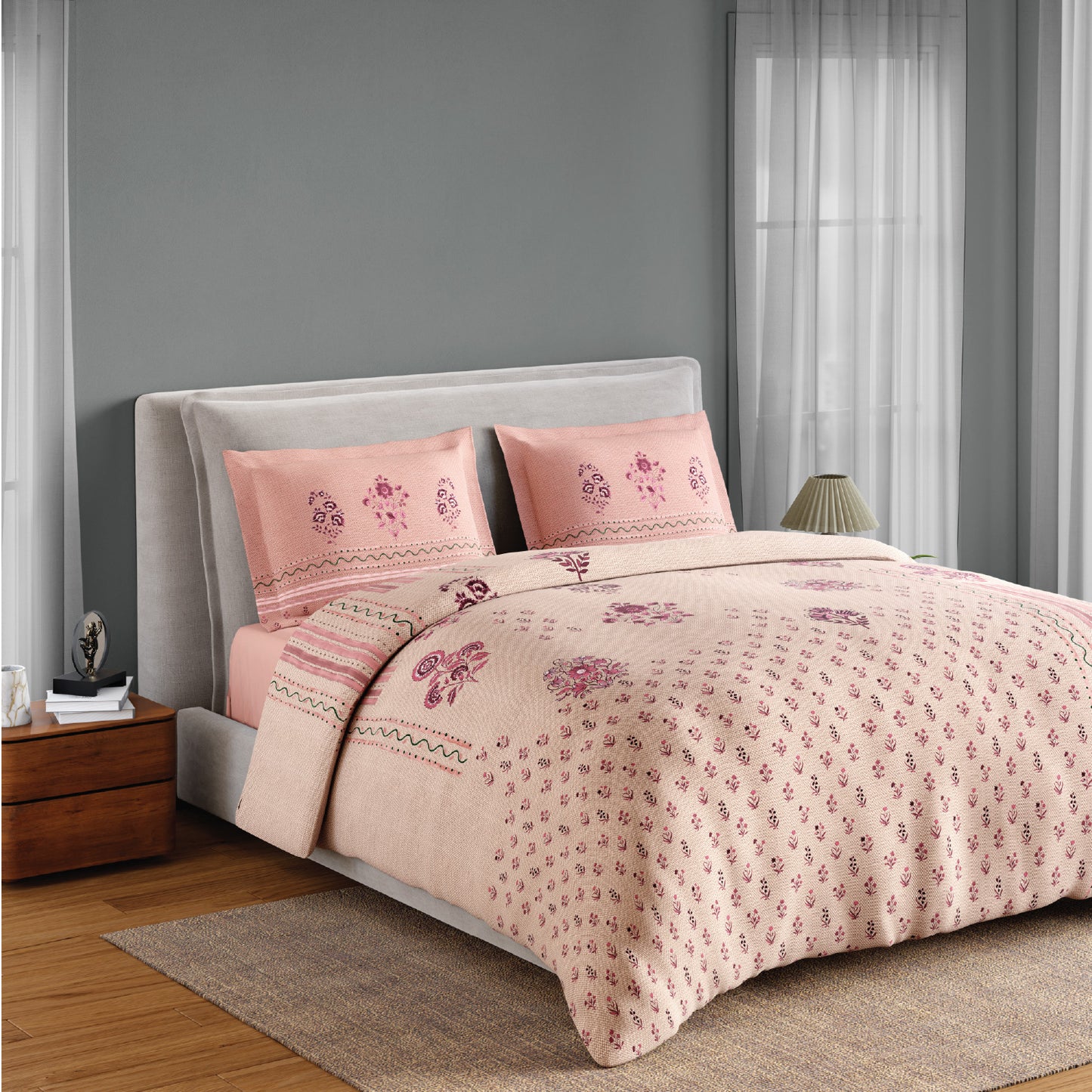 Spaces Neo Chaap 100% Cotton 152 TC Percale Floral Permium Double Blanket Quilt, Light Blush