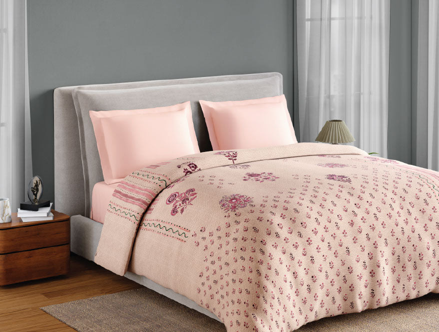 Spaces Neo Chaap 100% Cotton 152 TC Percale Floral Permium Double Blanket Quilt, Light Blush