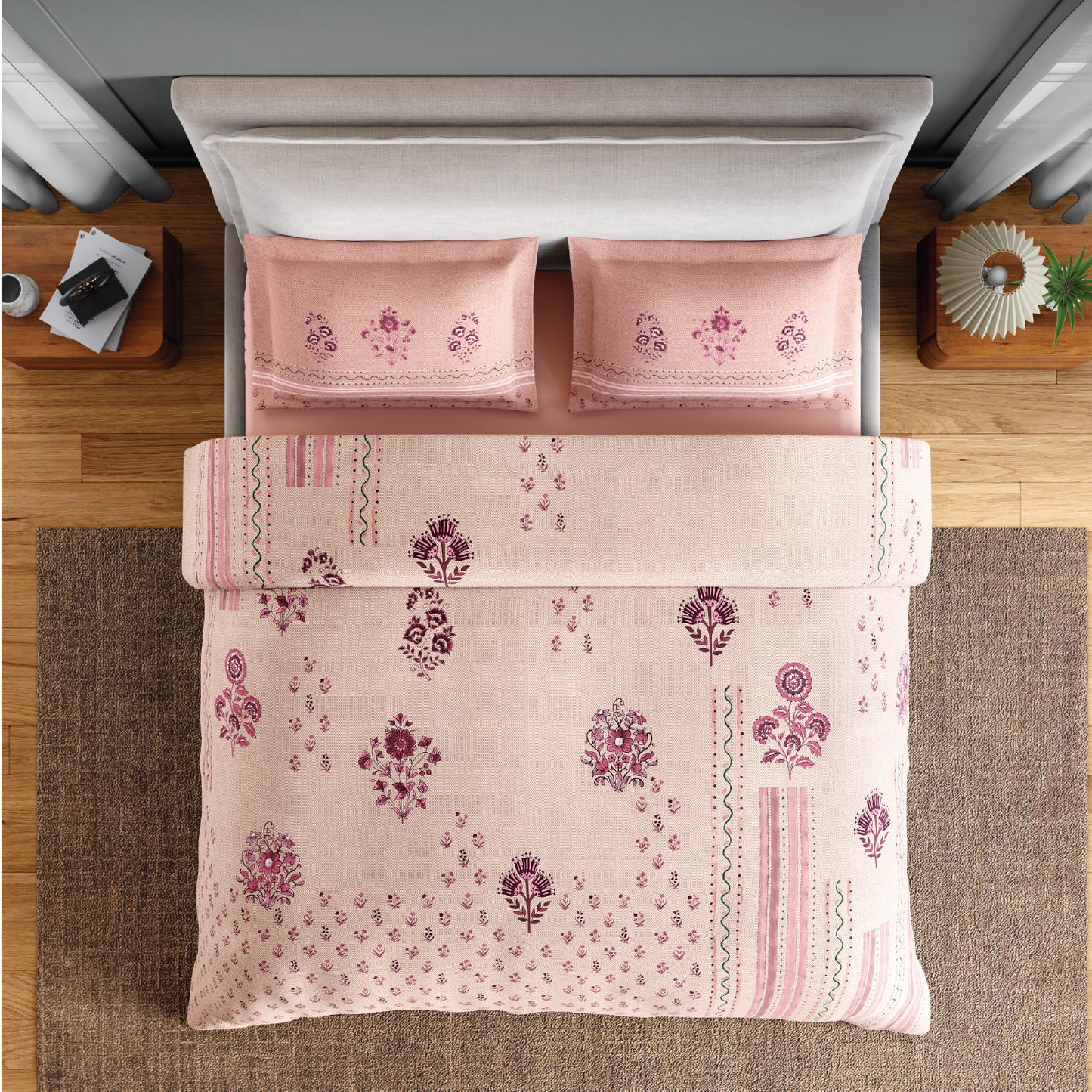Spaces Neo Chaap 100% Cotton 152 TC Percale Floral Permium Double Blanket Quilt, Light Blush