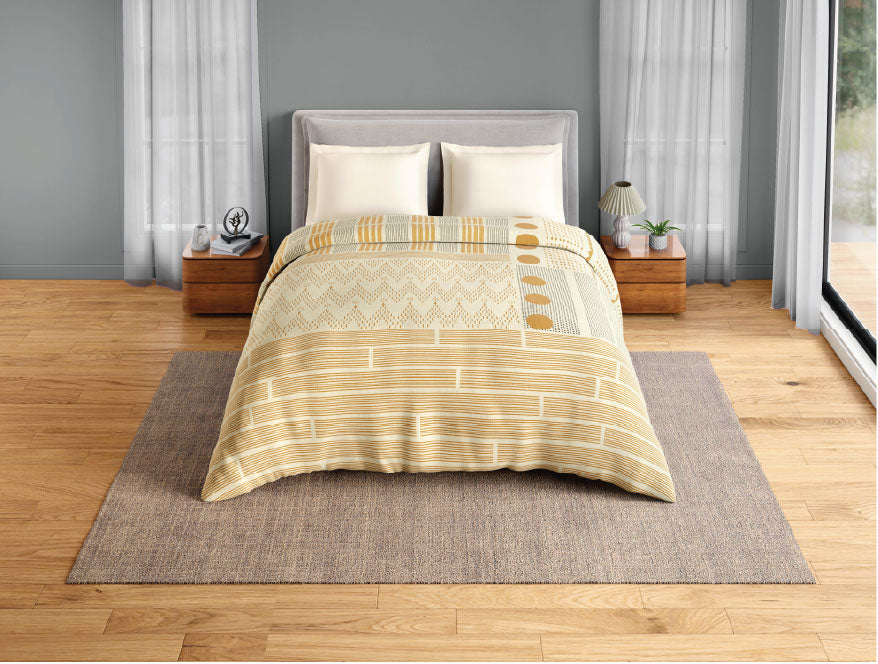 Spaces Neo Chaap 100% Cotton 152 TC Percale Geometric Permium Double Blanket Quilt, Yellow
