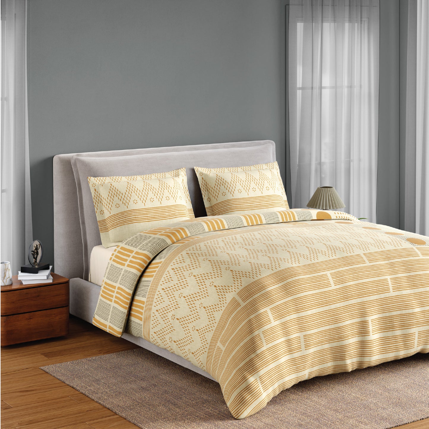 Spaces Neo Chaap 100% Cotton 152 TC Percale Geometric Permium Double Blanket Quilt, Yellow