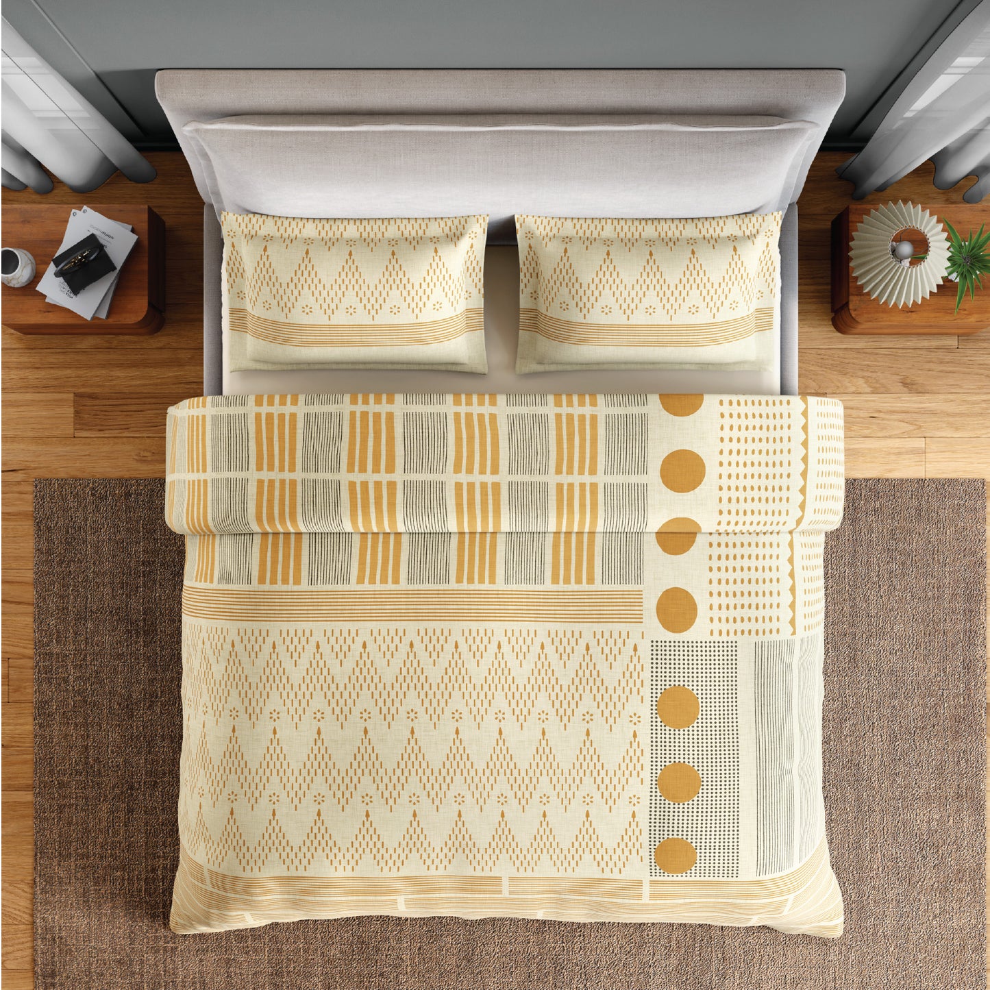 Spaces Neo Chaap 100% Cotton 152 TC Percale Geometric Permium Double Blanket Quilt, Yellow
