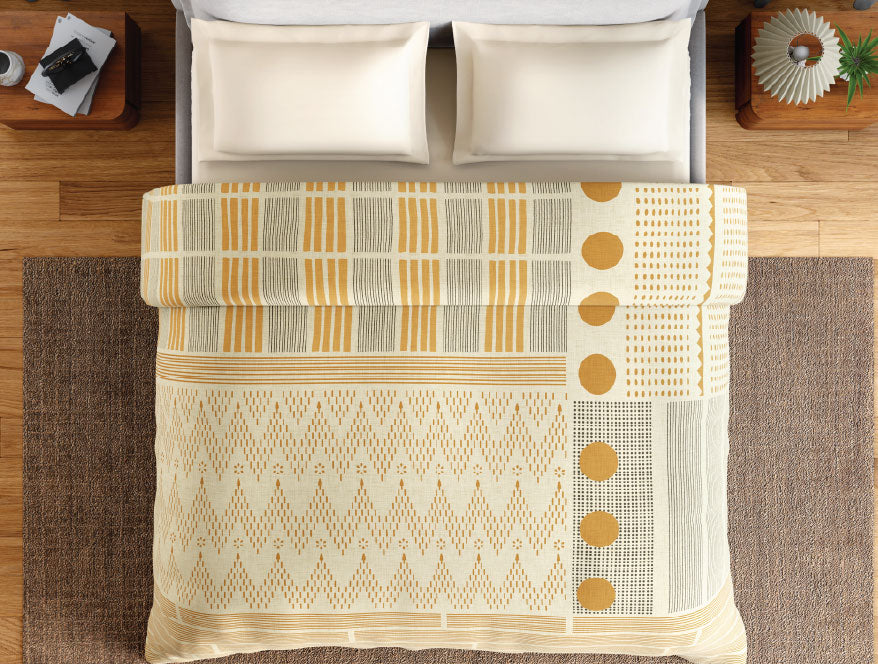 Spaces Neo Chaap 100% Cotton 152 TC Percale Geometric Permium Double Blanket Quilt, Yellow