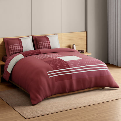 Spaces Avaris Structure 100% Cotton 210 TC Sateen Geometric Large Bedsheet with 2 Pillow Covers, Maroon