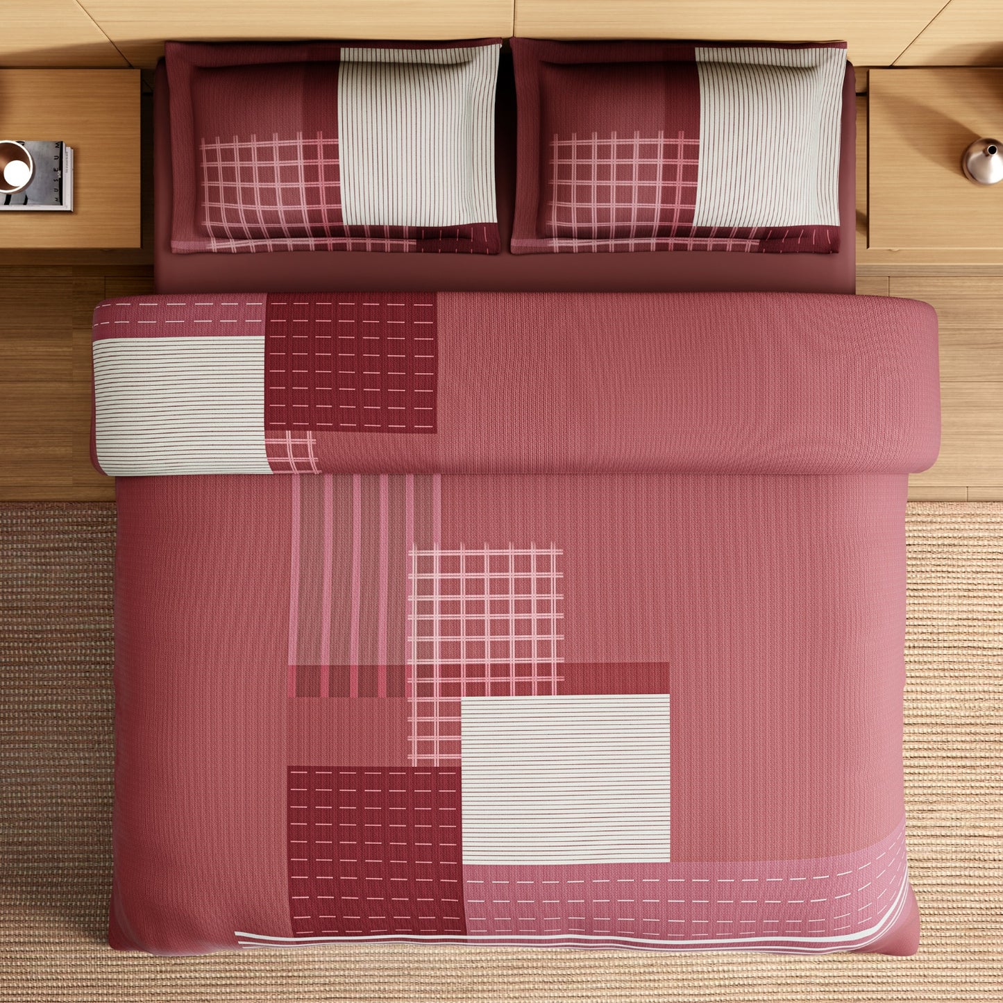 Spaces Avaris Structure 100% Cotton 210 TC Sateen Geometric Large Bedsheet with 2 Pillow Covers, Maroon
