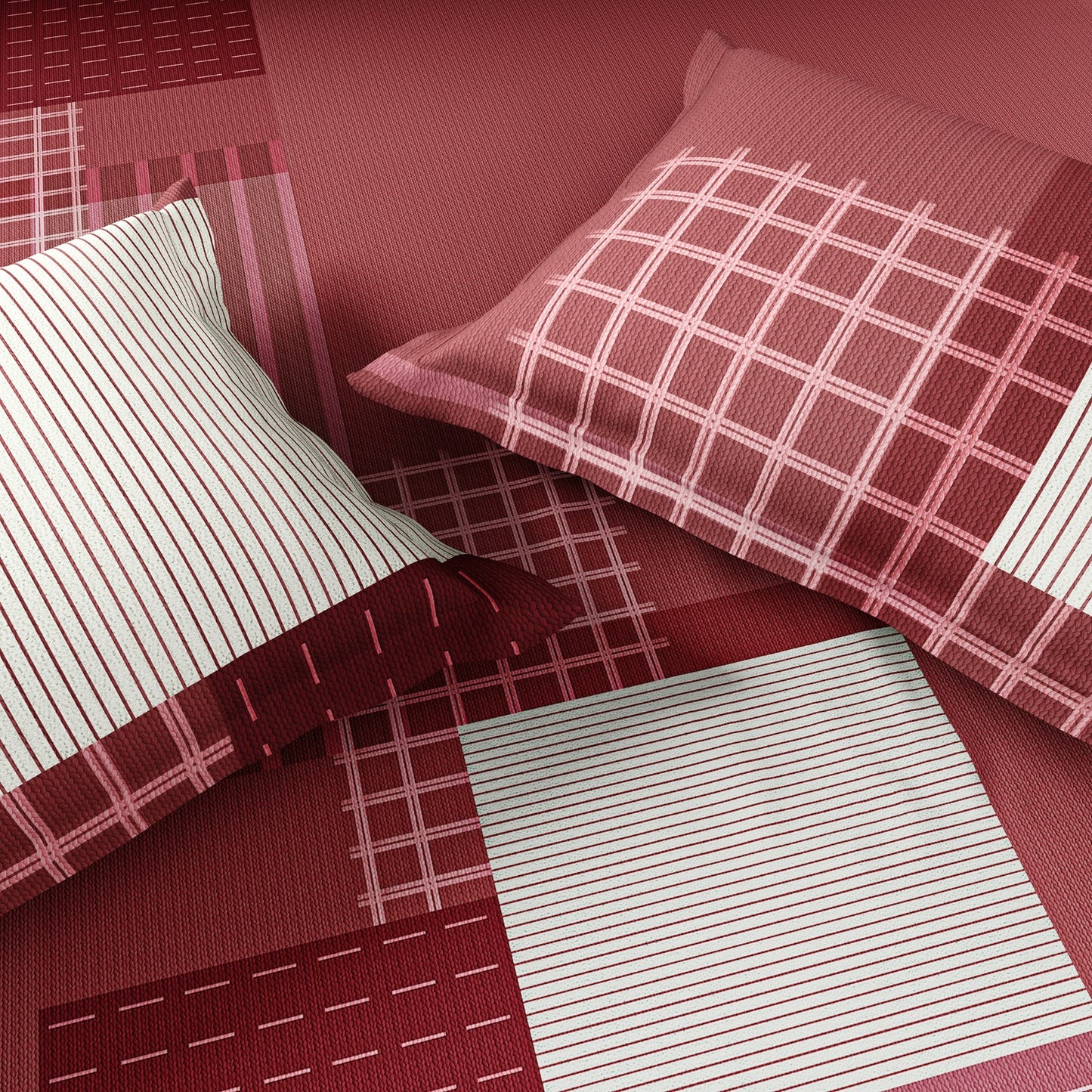 Spaces Avaris Structure 100% Cotton 210 TC Sateen Geometric Large Bedsheet with 2 Pillow Covers, Maroon