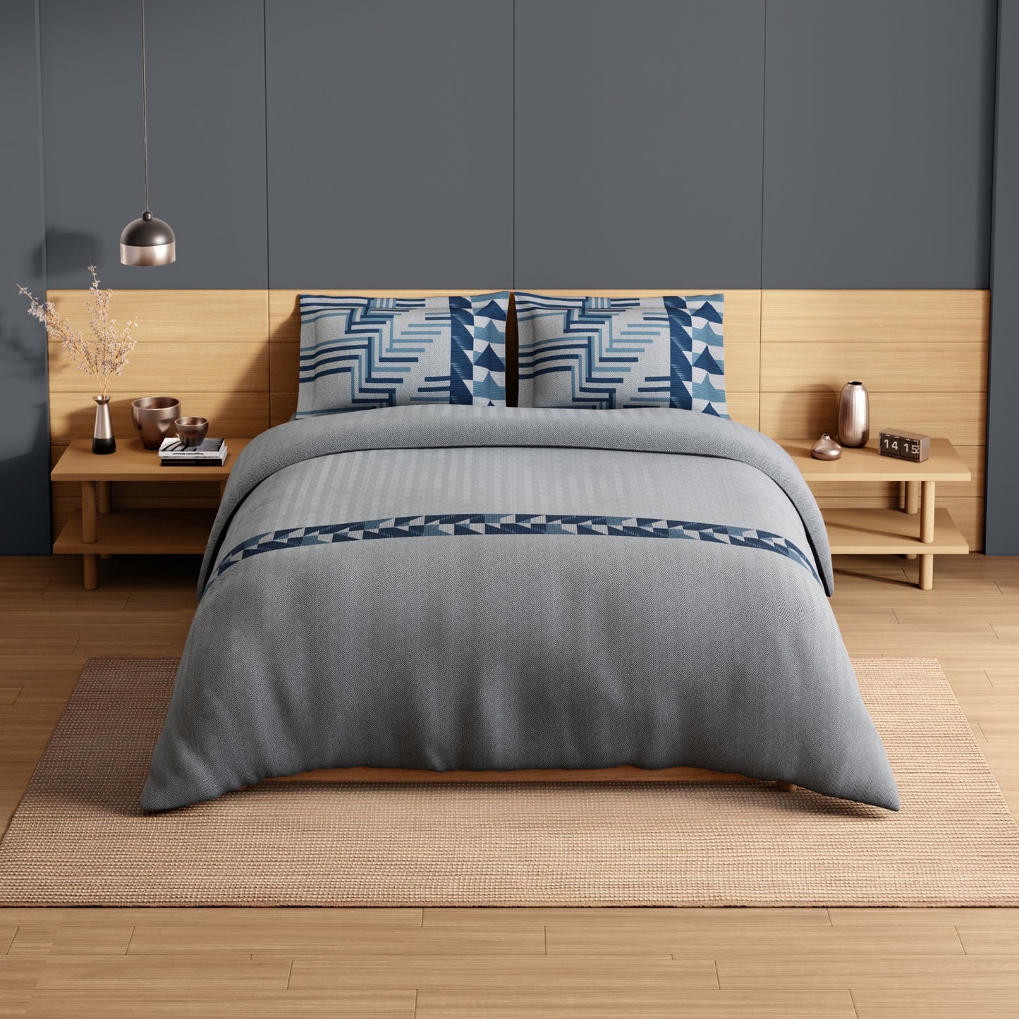 Spaces Avaris Structure 100% Cotton 210 TC Sateen Geometric Large Bedsheet with 2 Pillow Covers, Light Grey