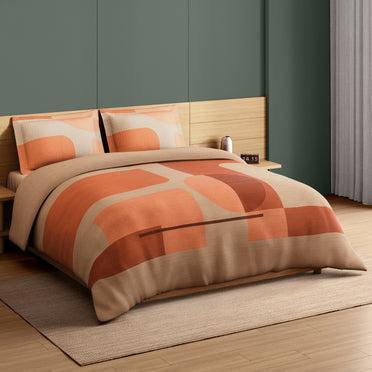 Spaces Avaris Structure 100% Cotton 210 TC Sateen Geometric Large Bedsheet with 2 Pillow Covers, Beige