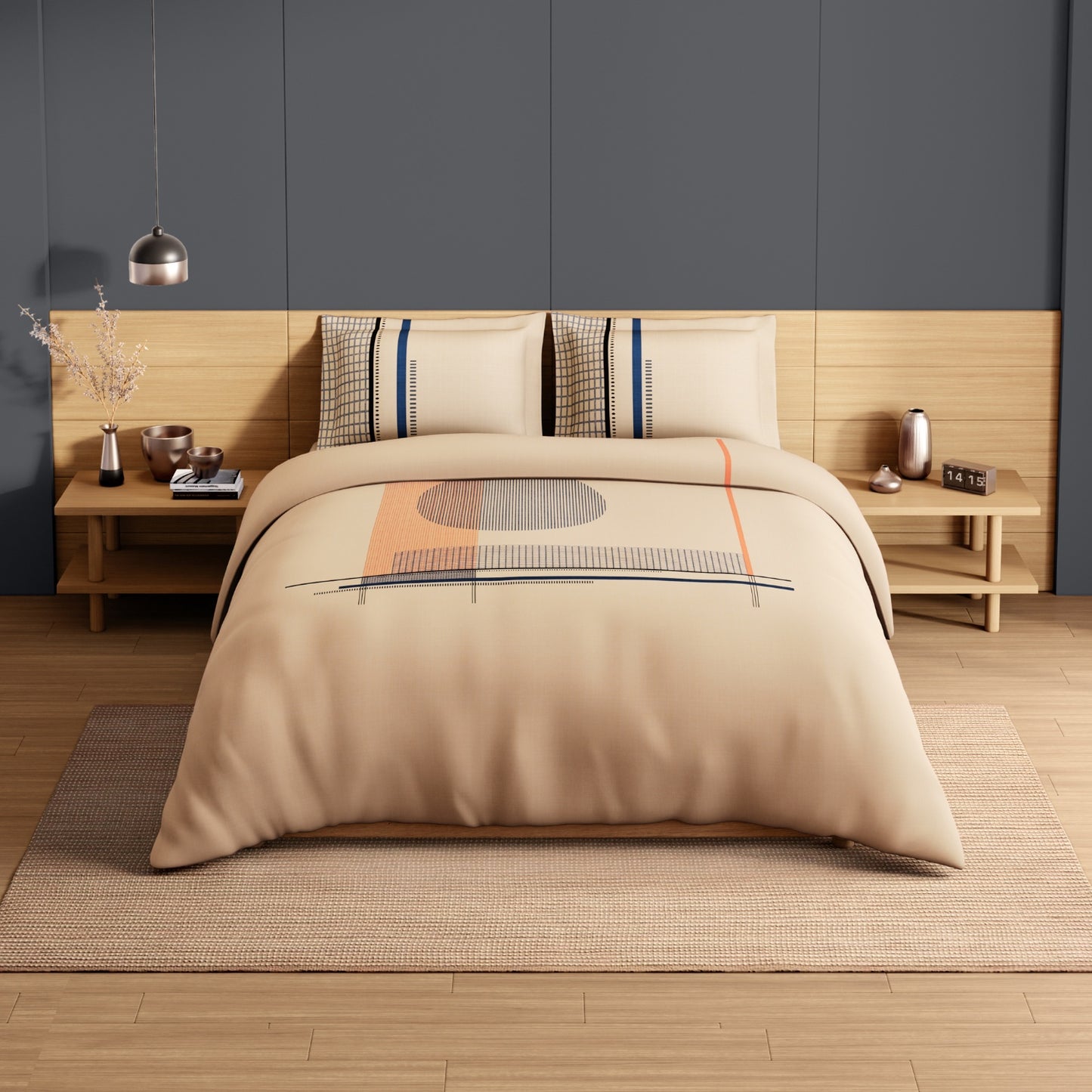 Spaces Avaris Structure 100% Cotton 210 TC Sateen Geometric Large Bedsheet with 2 Pillow Covers, Beige