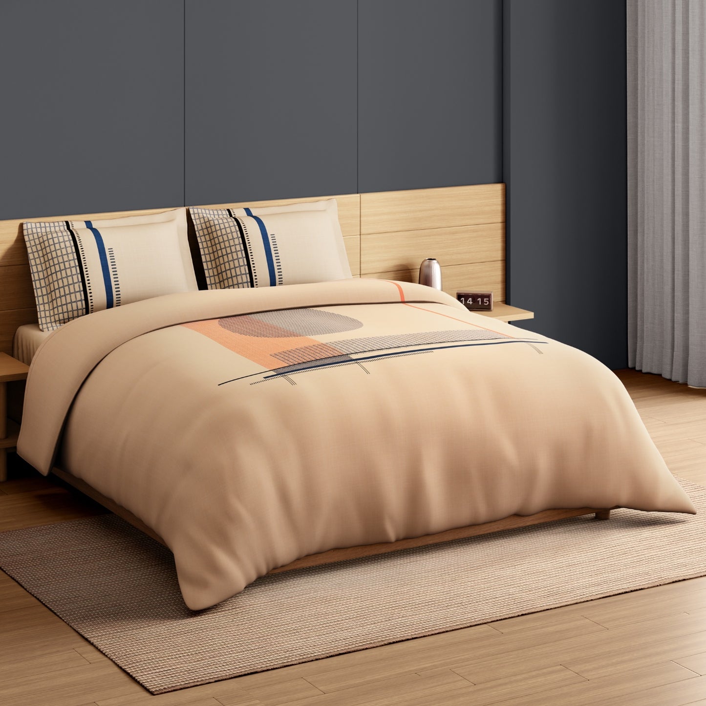 Spaces Avaris Structure 100% Cotton 210 TC Sateen Geometric Large Bedsheet with 2 Pillow Covers, Beige