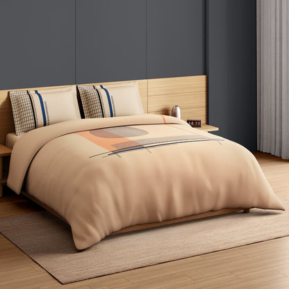 Spaces Avaris Structure 100% Cotton 210 TC Sateen Geometric Large Bedsheet with 2 Pillow Covers, Beige