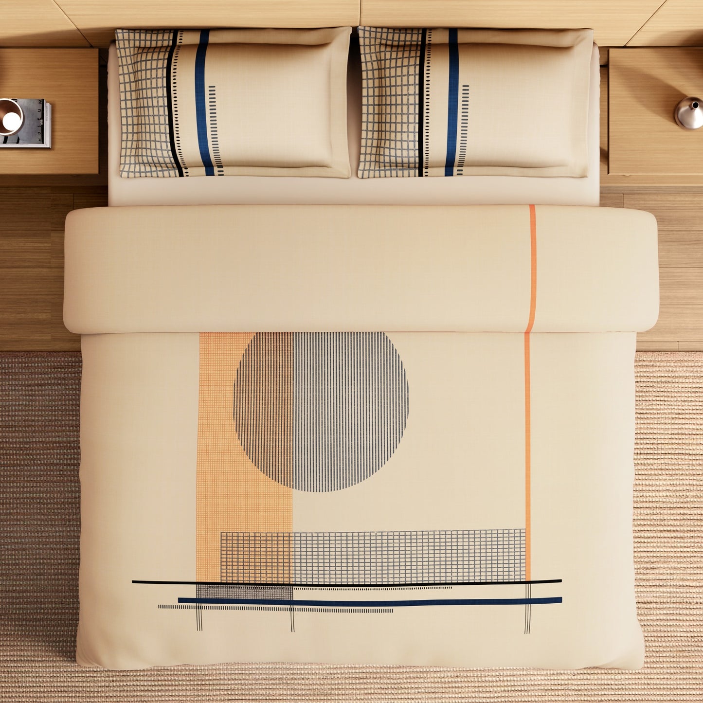 Spaces Avaris Structure 100% Cotton 210 TC Sateen Geometric Large Bedsheet with 2 Pillow Covers, Beige