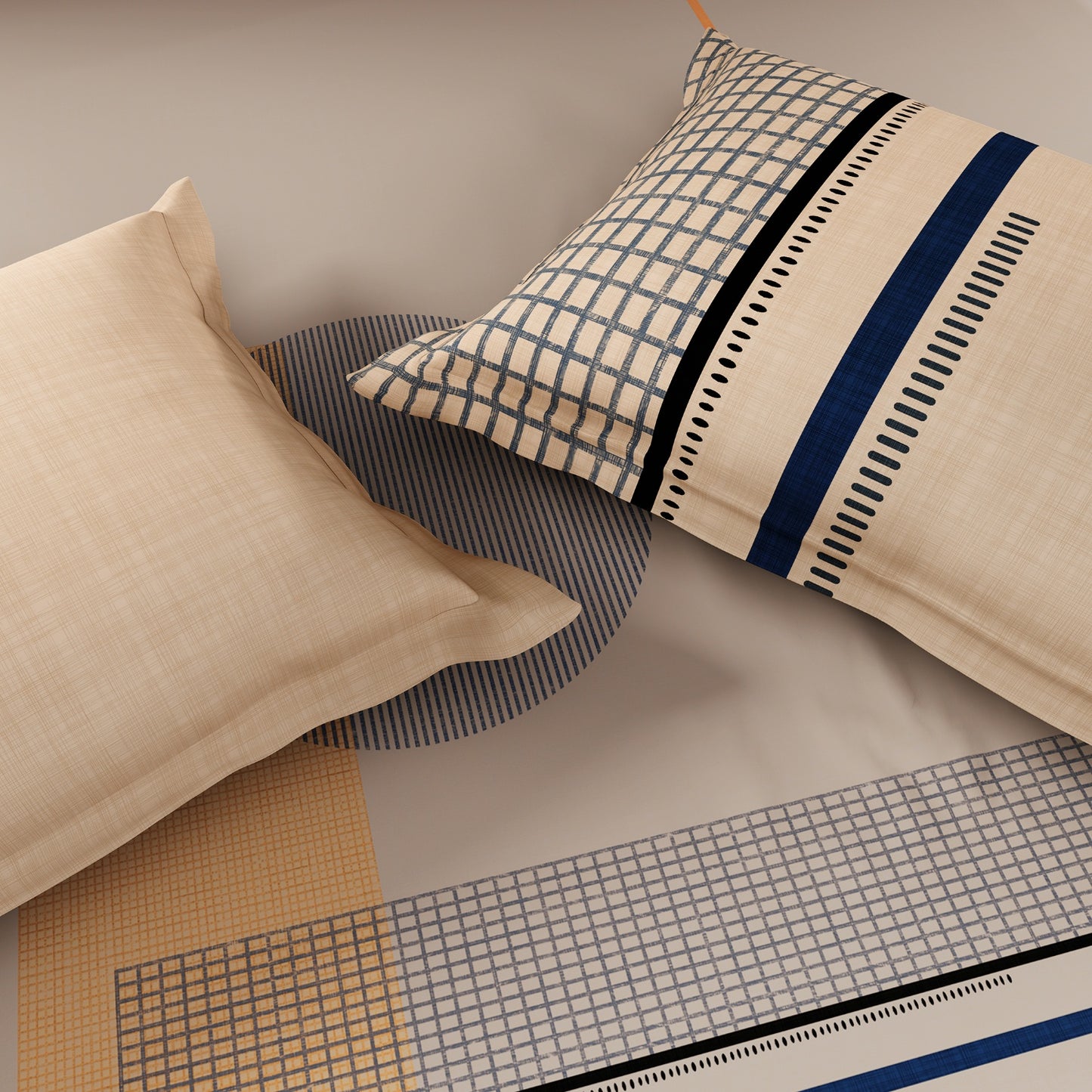 Spaces Avaris Structure 100% Cotton 210 TC Sateen Geometric Large Bedsheet with 2 Pillow Covers, Beige