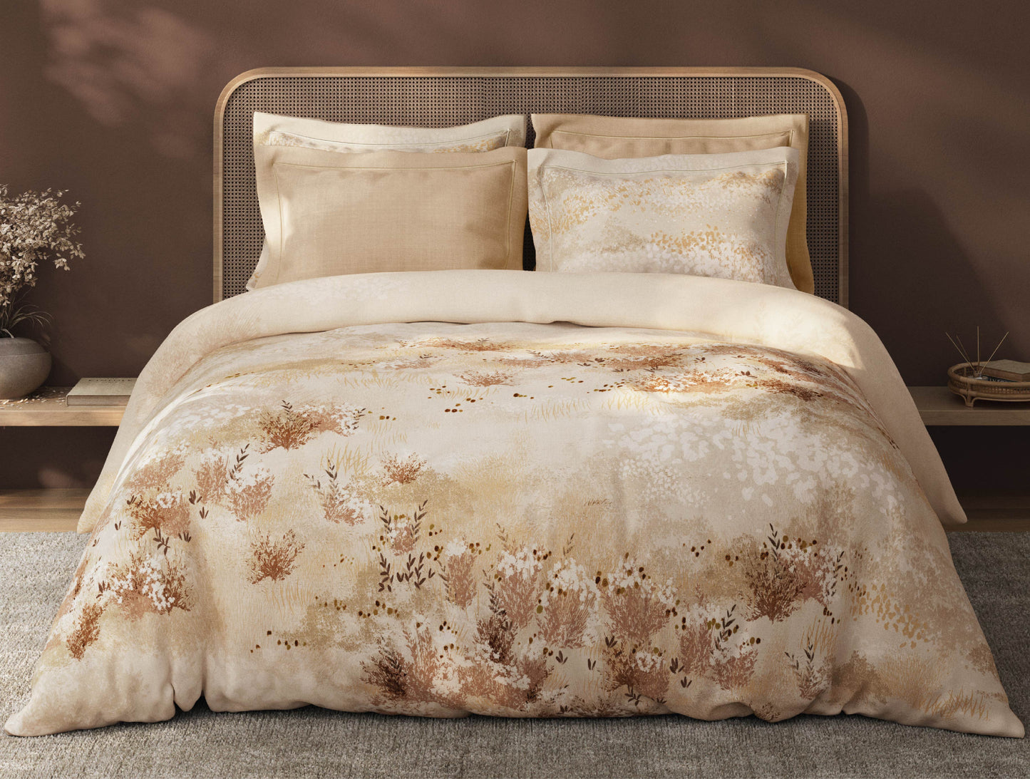 Spaces Sierra Indian Safari 100% Hygro Cotton 210 TC Sateen Floral Permium Large Bedsheet with 4 Pillow Covers, Beige