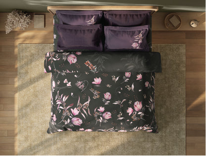 Spaces Sierra Midnight Botanica 100% Hygro Cotton 210 TC Sateen Floral Premium Large Bedsheet with 4 Pillow Covers, Dark Green