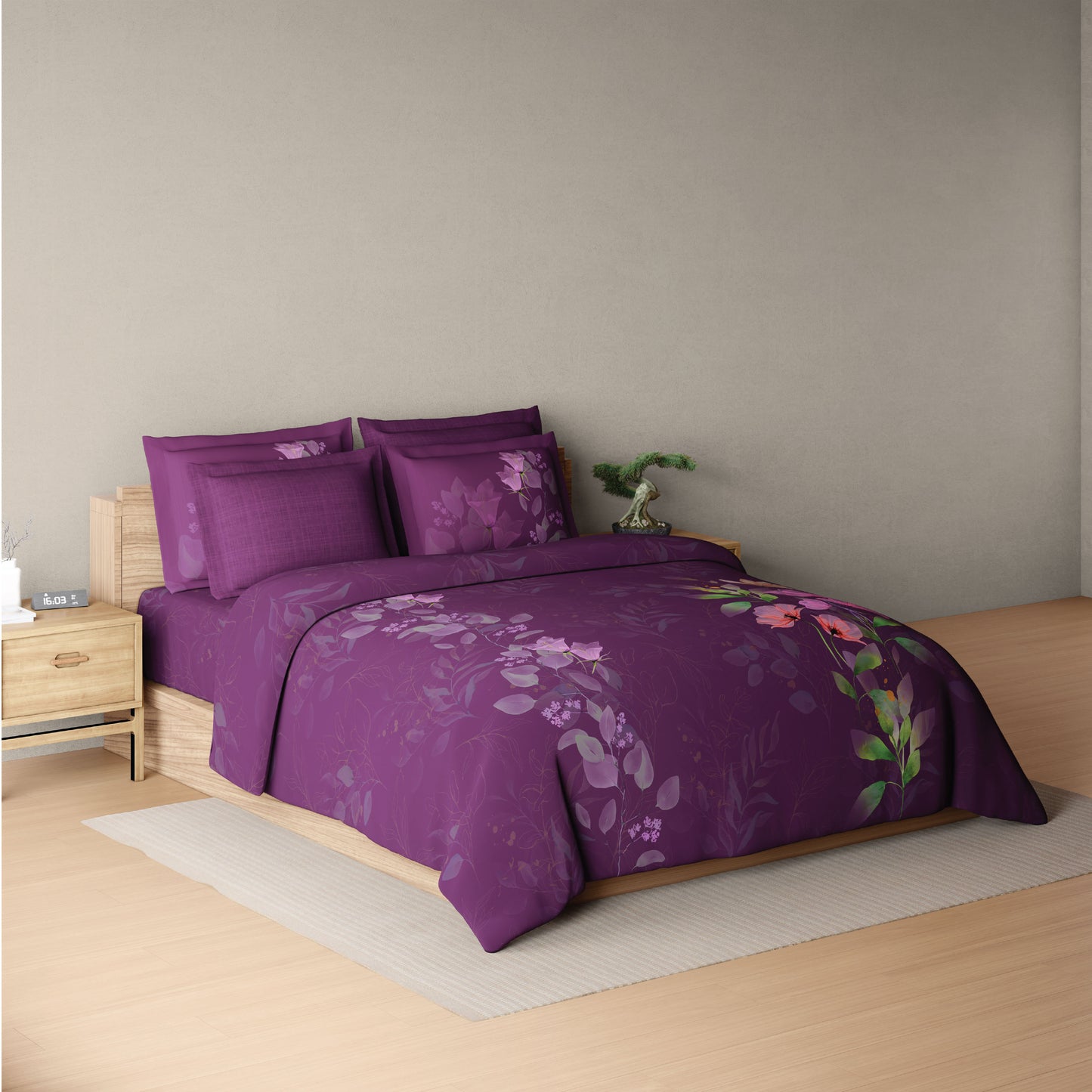 Spaces Sierra Midnight Botanica 100% Hygro Cotton 210 TC Sateen Floral Permium Large Bedsheet with 4 Pillow Covers, Dark Pink