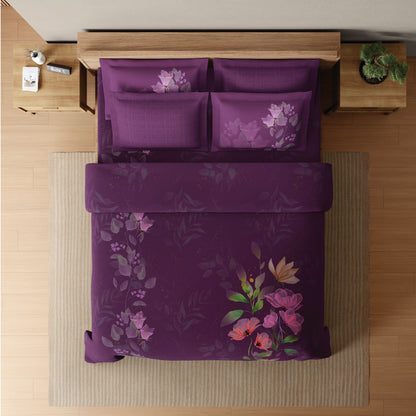 Spaces Sierra Midnight Botanica 100% Hygro Cotton 210 TC Sateen Floral Permium Large Bedsheet with 4 Pillow Covers, Dark Pink