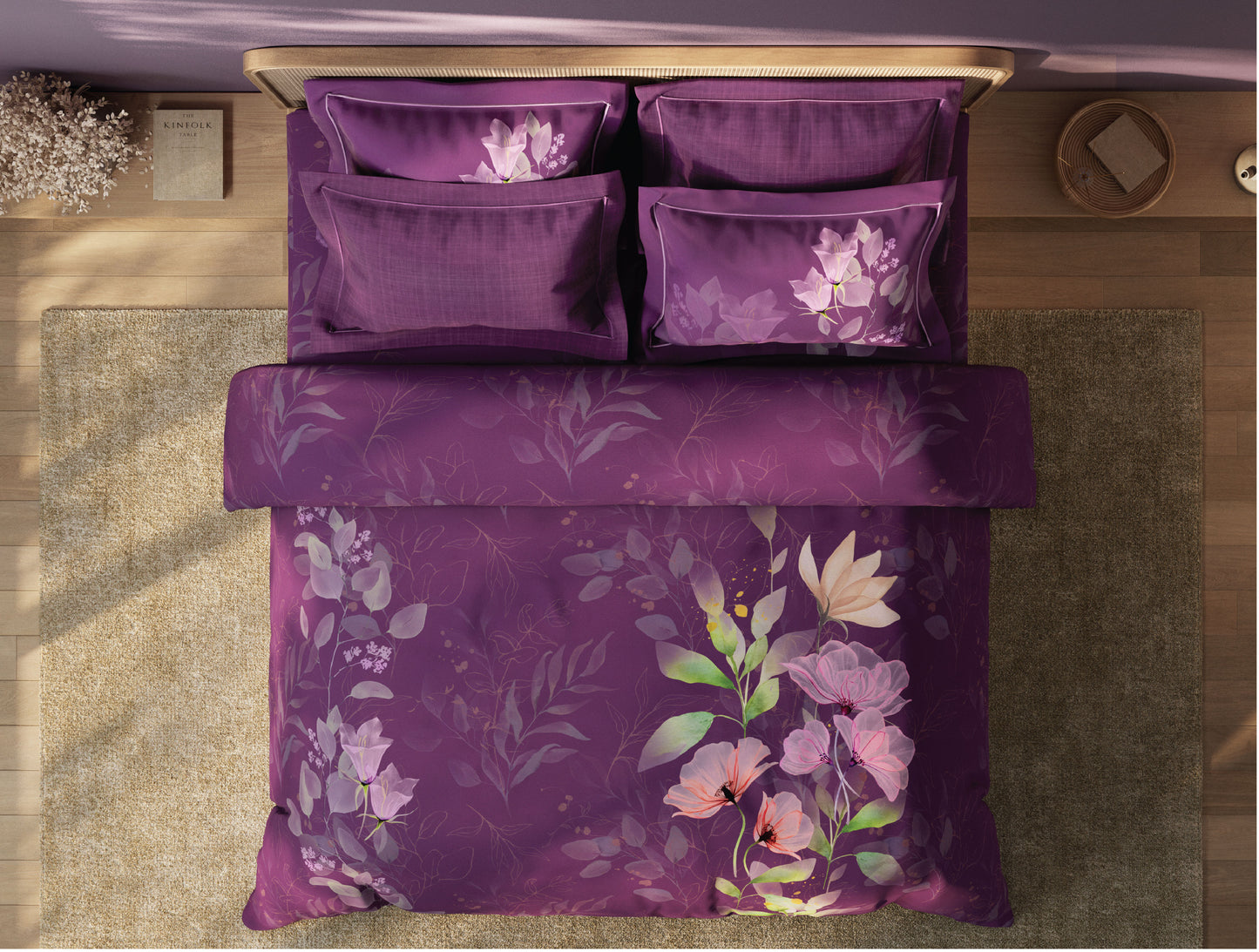 Spaces Sierra Midnight Botanica 100% Hygro Cotton 210 TC Sateen Floral Premium Large Bedsheet with 4 Pillow Covers, Dark Pink