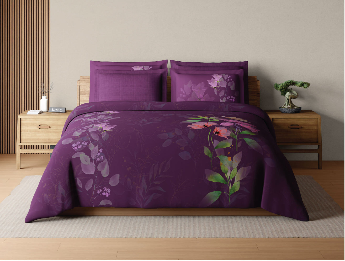 Spaces Sierra Midnight Botanica 100% Hygro Cotton 210 TC Sateen Floral Permium Large Bedsheet with 4 Pillow Covers, Dark Pink