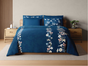 Spaces Sierra Midnight Botanica 100% Hygro Cotton 210 TC Sateen Floral Permium Large Bedsheet with 4 Pillow Covers, Dark Blue